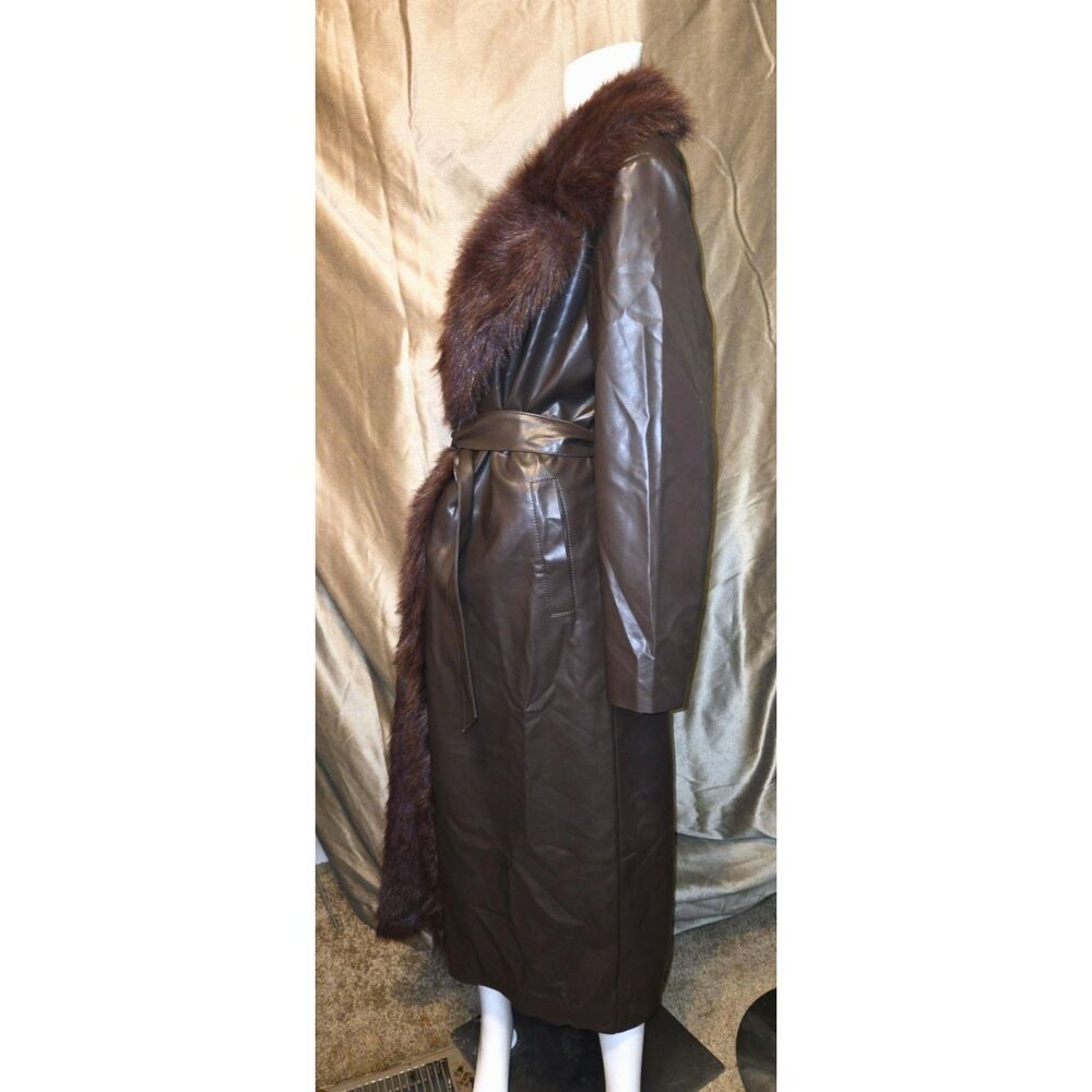 NWT Angel Wings by Lucy MacGill Faux Leather Fur Collar Trench Coat – Size M/L - Picture 3 of 9